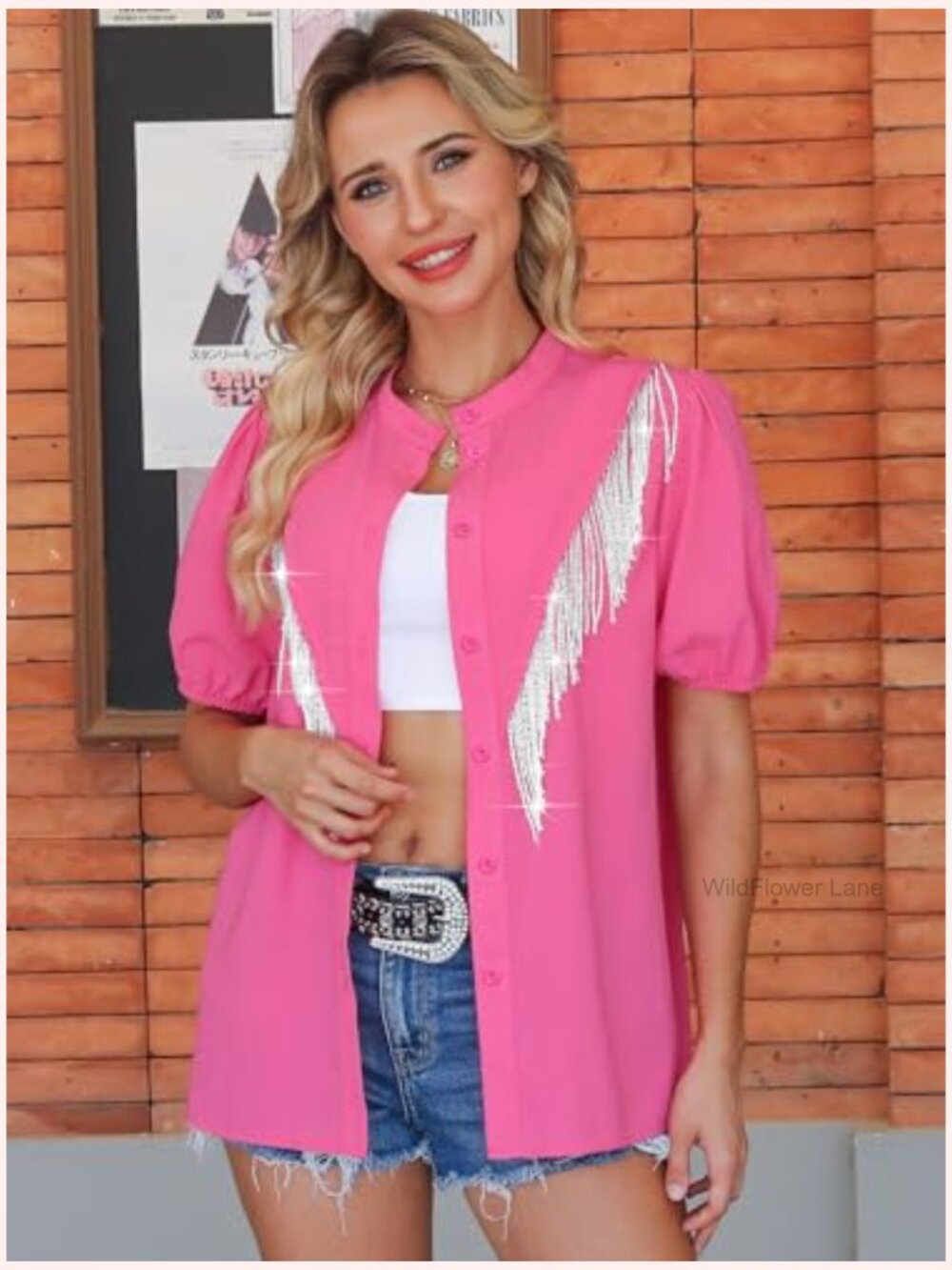 Puff Sleeve Fringe Cowgirl Button Down Shirt - Picture 2 of 6
